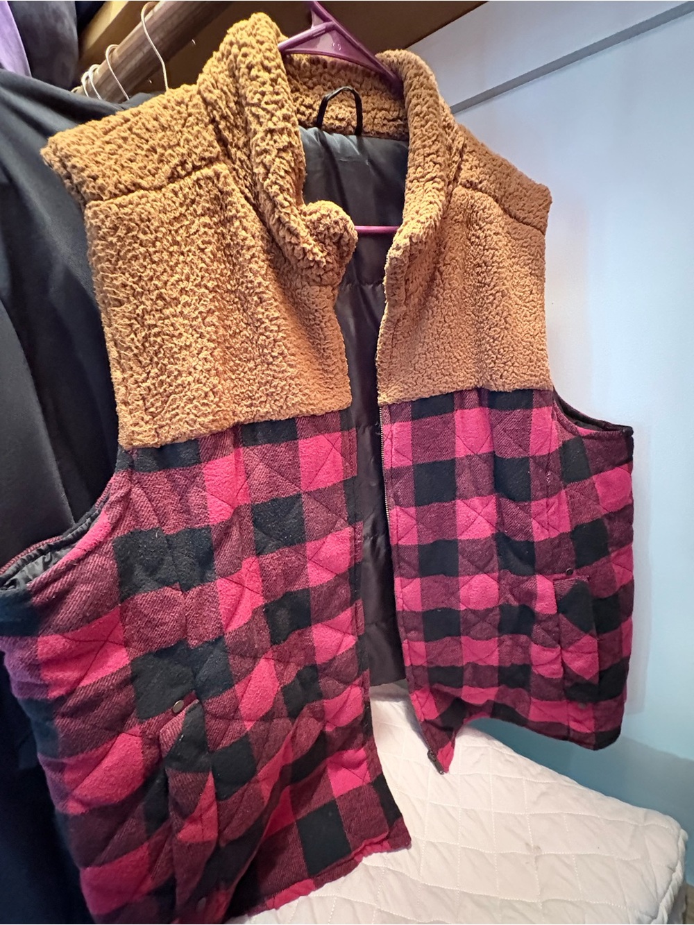 Maurices Brown Sherpa & Pink Plaid Vest
